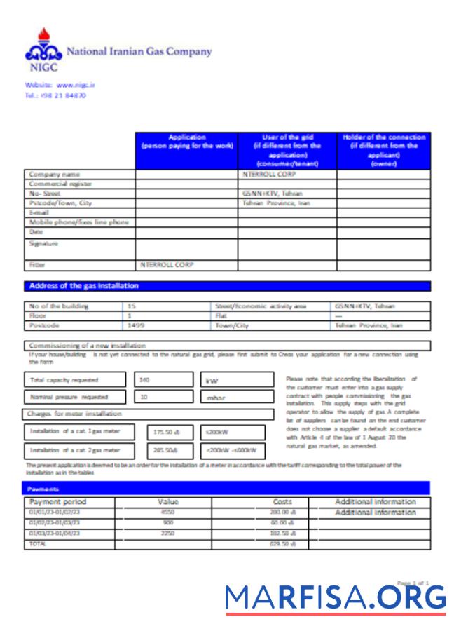 Realistic National Iranian Gas Company gas utility business bill, SCR real example